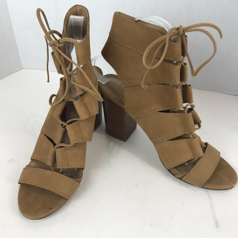 Splendid Tan leather tie peep toe block heel sandals US 8